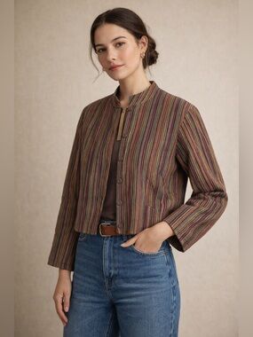 Orvis Women’s Striped Quilted Cotton Jacket Boho Folk Artsy Layer Piece Sz XL